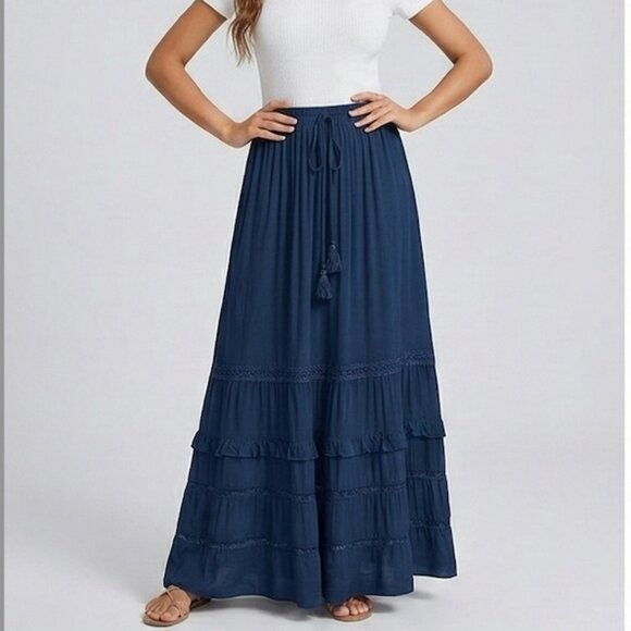 Navy Blue Boho Tiered Maxi Skirt with Tiered Layers - Picture 2 of 9